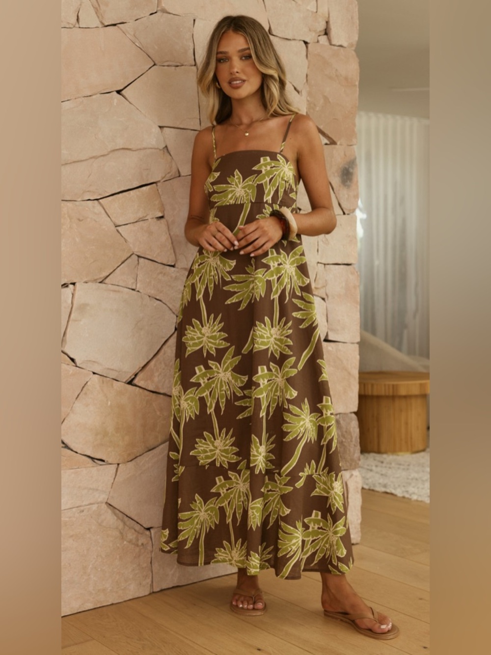 NWT Brown Palm-Print Spaghetti Strap Maxi Dress, Summer Outfit
